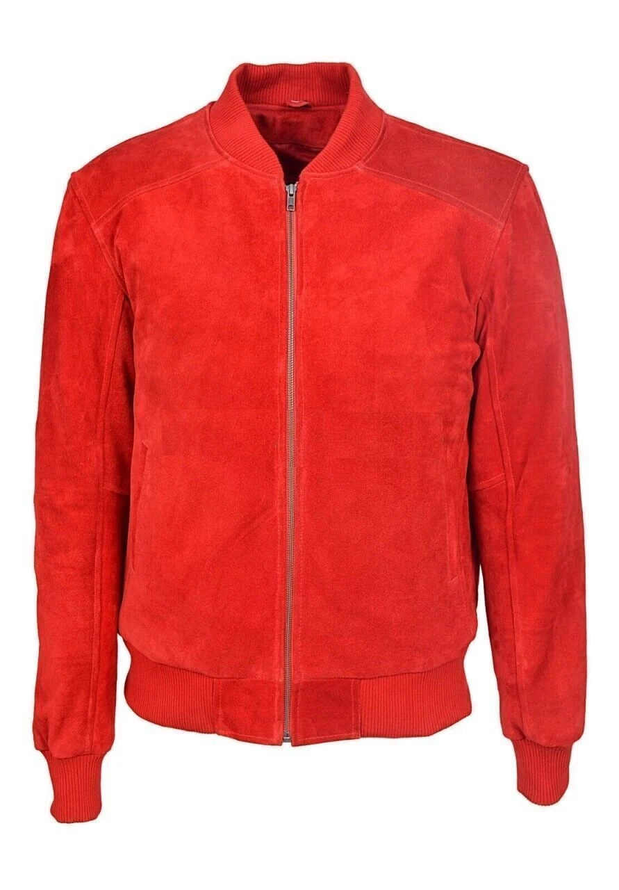Men's Real Suede Leather Red Bomber Jacket Soft Biker Jacket Party Club Jacket