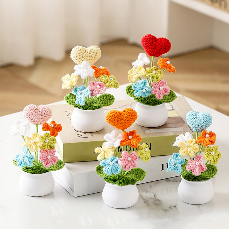 Hand Knitted Potted Plants Crochet Flower Bouquet Home Desk Decor