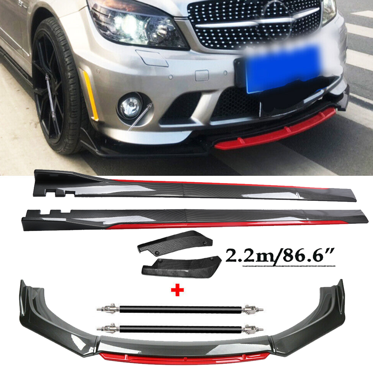 Front Lip Chin Bumper splitter Carbon Fiber Body Side Skirt For Mercedes-Benz C