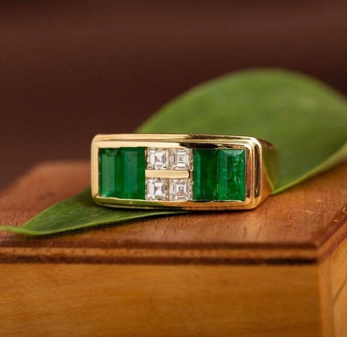 3Ct Baguette Lab-Created Emerald Wedding Band Ring Men's 14k Yellow Gold Plated