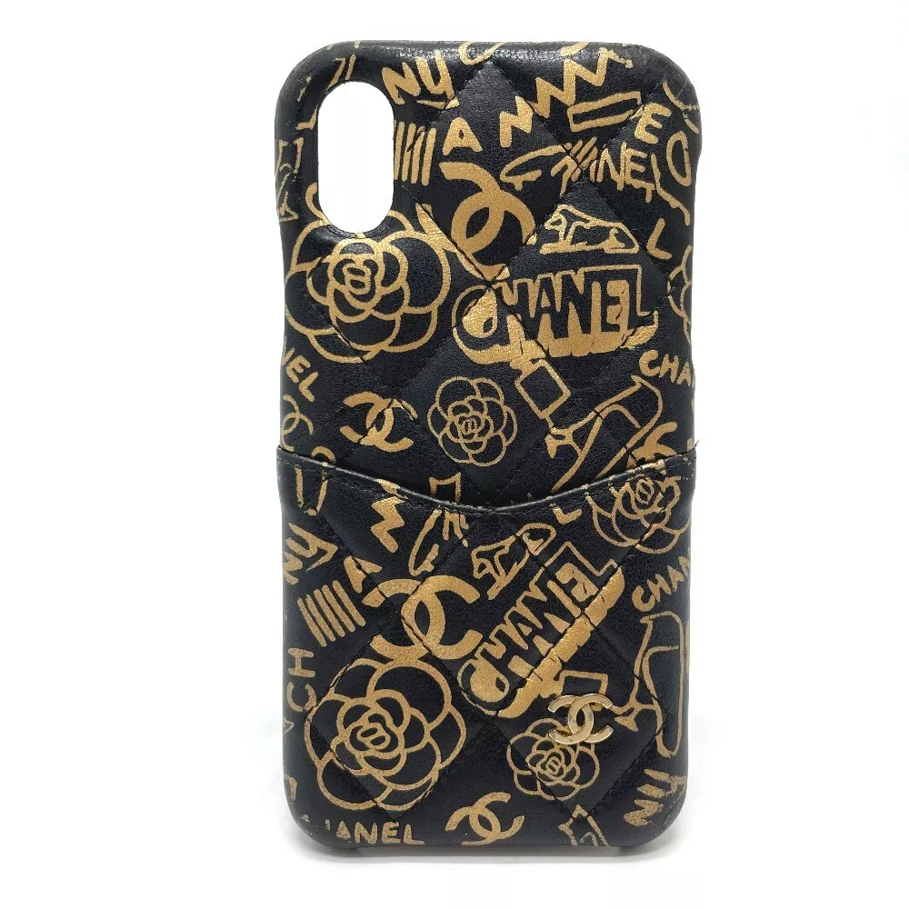 CHANEL Camellia Matelasse iPhone X & XS Case Calfskin Leather Black x Gold