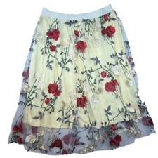 Floral Embroidered Mesh Midi Skirt Yellow Red Gold Boho whimsy romantic garden