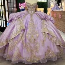 Princess Lilac Quinceanera Dress with Gold Appliques Sweet 15 16 Prom Party Gown