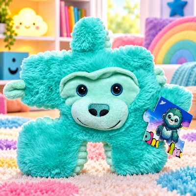Yoonique Pluzzles Austin Teal Wolf Plush Puzzle Piece Shaped Toy Corduroy NEW