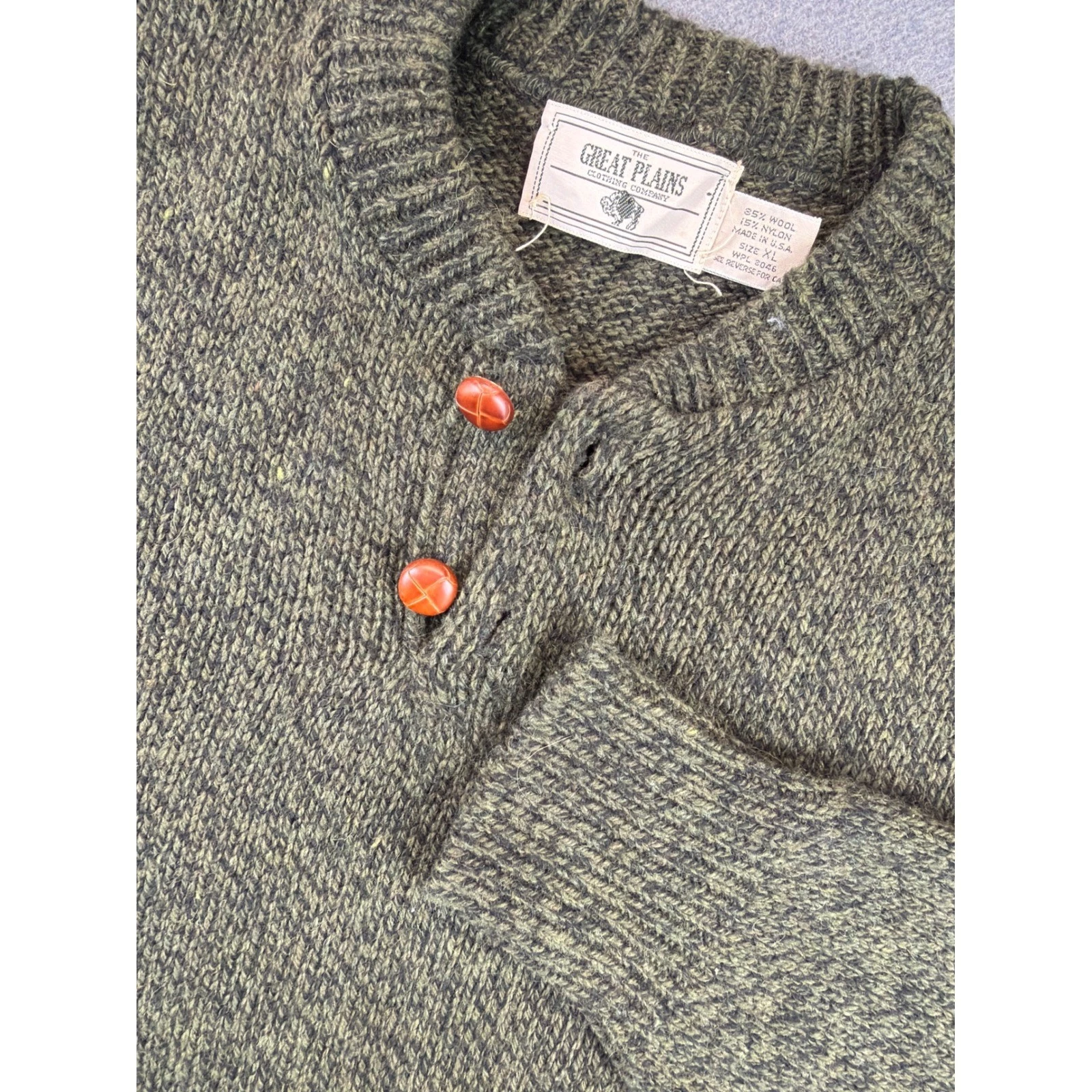 Great Plains Henley Sweater Mens XL Olive Green Wool Blend Made in USA Heathered