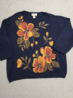 Alfred Dunner 2X UK 24-26 Navy Floral Strick Pullover Strass 3/4 Arm Landhaus
