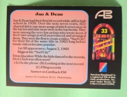 1993 Collect-A-Card American Bandstand Jan & Dean #33 - Picture 2 of 2