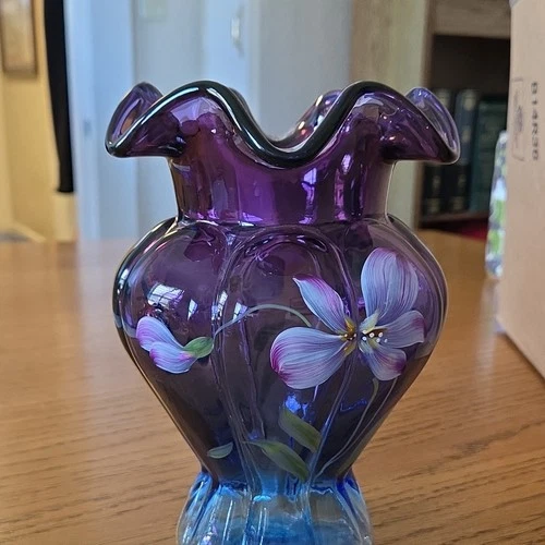 Fenton Gold Treasures Art Glass Vase – Hand Painted Purple Blue, Signed 2004