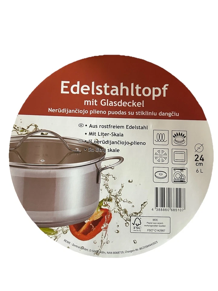 Edelstahl Kochtopf Topf Suppentopf mit Glasdeckel 24cm 6 Liter - Bild 4 von 4