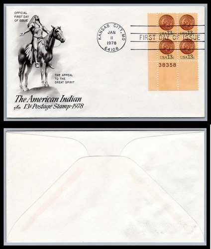 US FDC # 1734 13c Indian Head Penny  ArtCraft Plate Block 38358 LL 1978, 9Q138