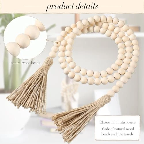  Pz Ghirlanda di Perline 58'' con Nappe, Arredamento Rustico Country, Parete Boho 6 Legno - Immagine 3 di 4