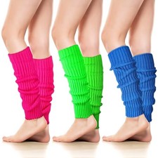 Leg Warmers 80s Women, 3 Pairs Knit Neon Leg Rose Red, Fluorescent Green, Blue