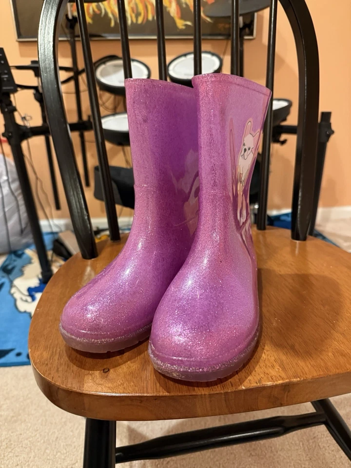 Kids Girls Rubber Boots Sparkling Shimmering Light UP Dog Gardening Shoes S 4/5 - Image 4 of 4