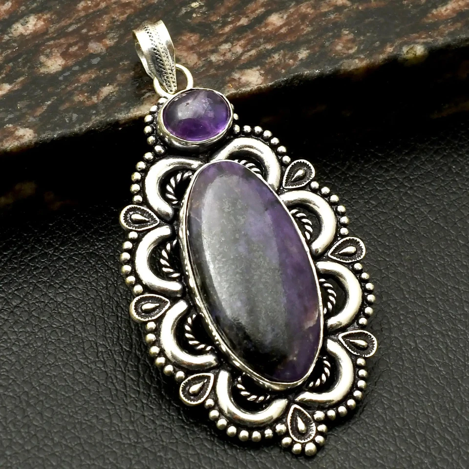 Charoit Amethyst Edelstein ethnisch handgefertigt Anhänger Schmuck Geschenk 2,6" AP-19230