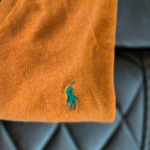 Polo Ralph Lauren Sweater Mens Size L Soft Orange Pullover V-Neck Green Logo - Picture 6 of 12