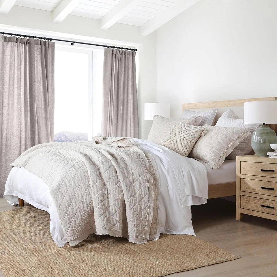 100% Linen Front/100% Cotton Back Quilt Set Queen Size, Beige Pre-Washed Europea - Image 3 of 4