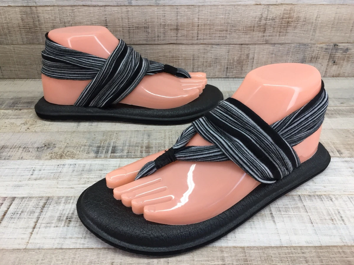 Sanuk Yoga Mat Sling 2 Black/White Striped Flip Flops Thong Sandals Women's  sz 7