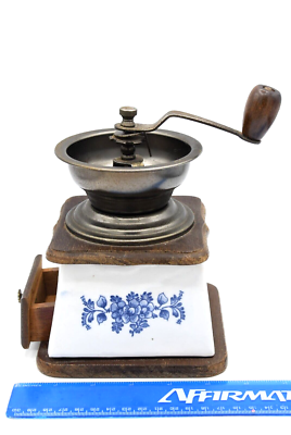Vintage German Kaffee Coffee Wood Blue White Ceramic Grinder