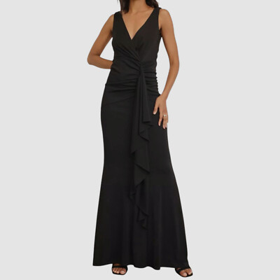 Donna Karan Women's Black Ruffled Surplice Sleeveless Gown Dress Size 4