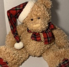 Gund Santa Claus Holiday Teddy Bear 43205 Curly Tan W/ Red Plaid Hat  Bow 18  