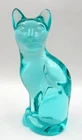 VINTAGE FENTON ART GLASS AQUA BLUE/GREEN/TEAL SITTING CAT FIGURINE, MADE IN USA