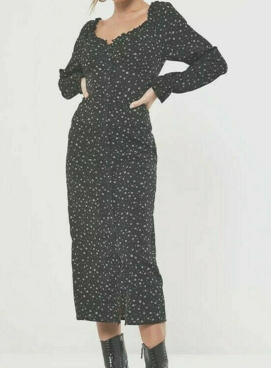 missguided milkmaid mini dress in black ditsy floral Missguided Petite US 6 Milkmaid Dress Black Ditzy Print Floral Witchy  Grunge