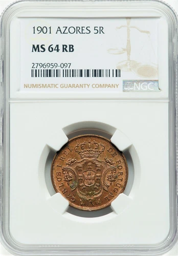 Azores - 1901 5 Reis KM#16 in NGC MS 64 RB