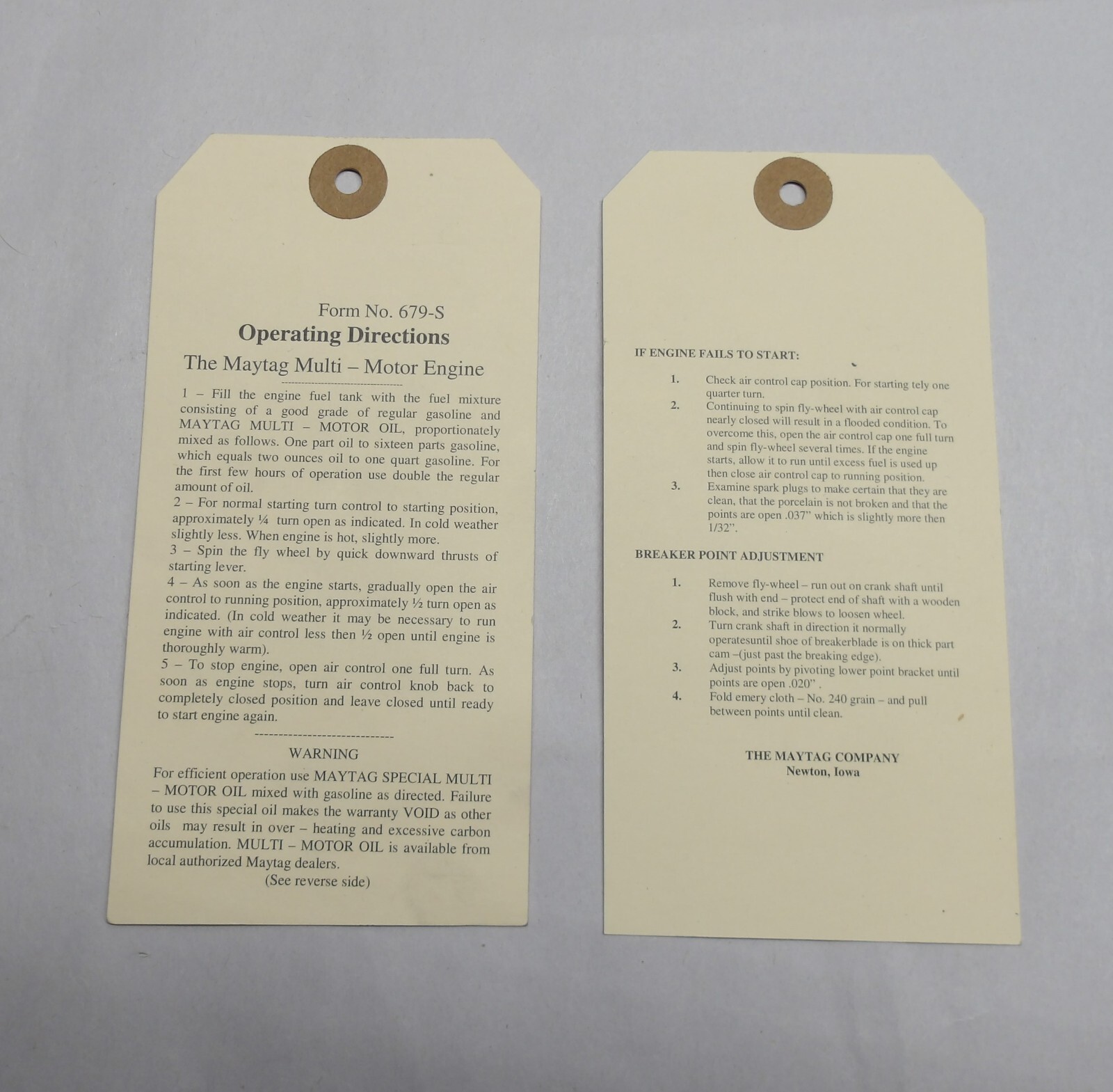 Maytag Engine model 92 & 72 Operating Directions Tag