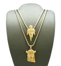 NEW ANGEL & JESUS MICRO PENDANT &24" & 30" BOX CHAIN HIP HOP NECKLACE SET -RC132