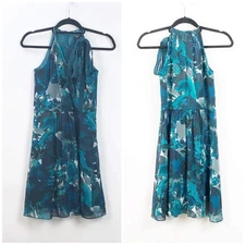 Ann Taylor 0 Petite Womens Blue Watercolor Halter Layer Shift Dress