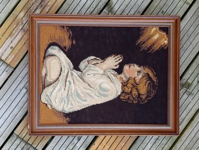 SUPERBE TAPISSERIE CANEVAS FAIT MAIN Prière Religieux L'enfant Samuel - Photo 1/4