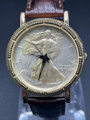 Walking Liberty Coin Watch Silver Gold Accent Brittania Gold Case Leather