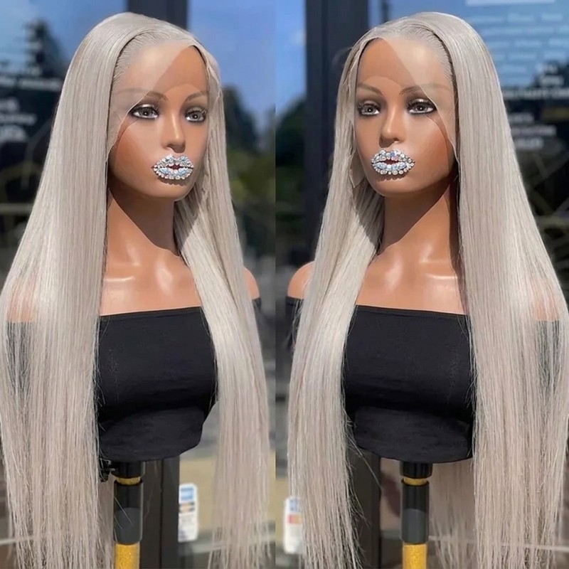 Layered Heat Resistant Synthetic Hair Silver Frontal Lace Wig Long Straight