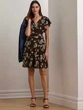 $165 Lauren Ralph Lauren Floral Georgette Flutter-Sleeve Dress Petite Brown 4P