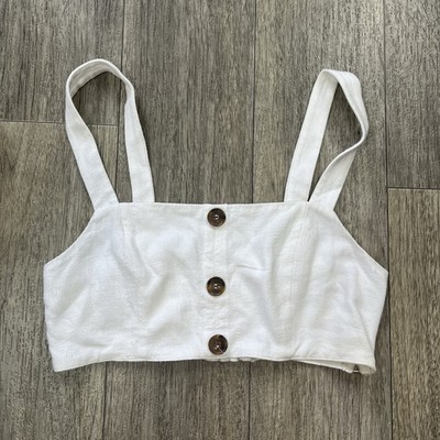 Show Me Your Mumu Adeline Crop Top Womens Medium White Linen Button Accented