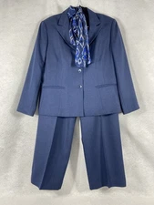 Le Suit 2PC Pants Suit Women’s Petite 16P Blue Blazer Button Long Sleeves Twill