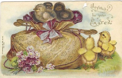 Vintage Easter Postcard Embossed International Art Chicks Purple Gold Joyous