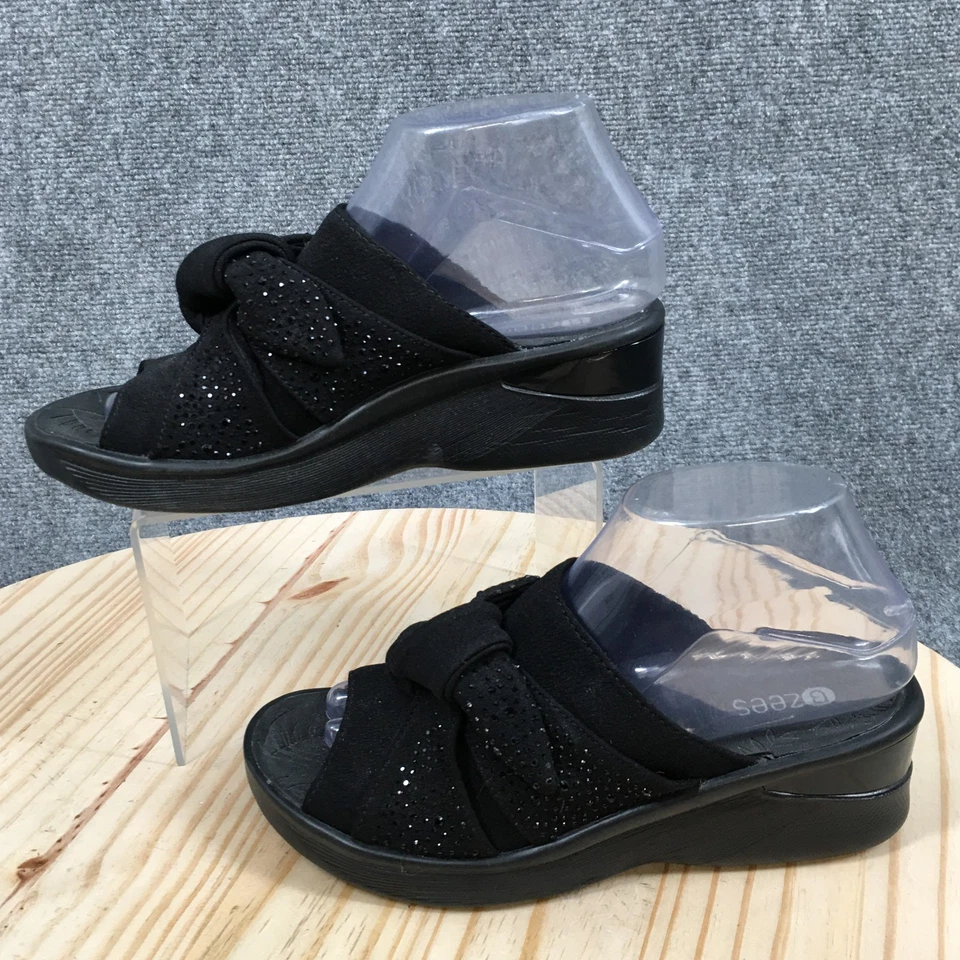 Sandalias Bzees para mujer 7 M Smile brillantes deslizables tela negra sin cordones cuña informal Foto 2 de 4