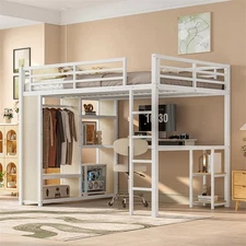 Queen Size Metal Loft Bed Frame with Built-in Wardrobe,Desk and Storage Shelves