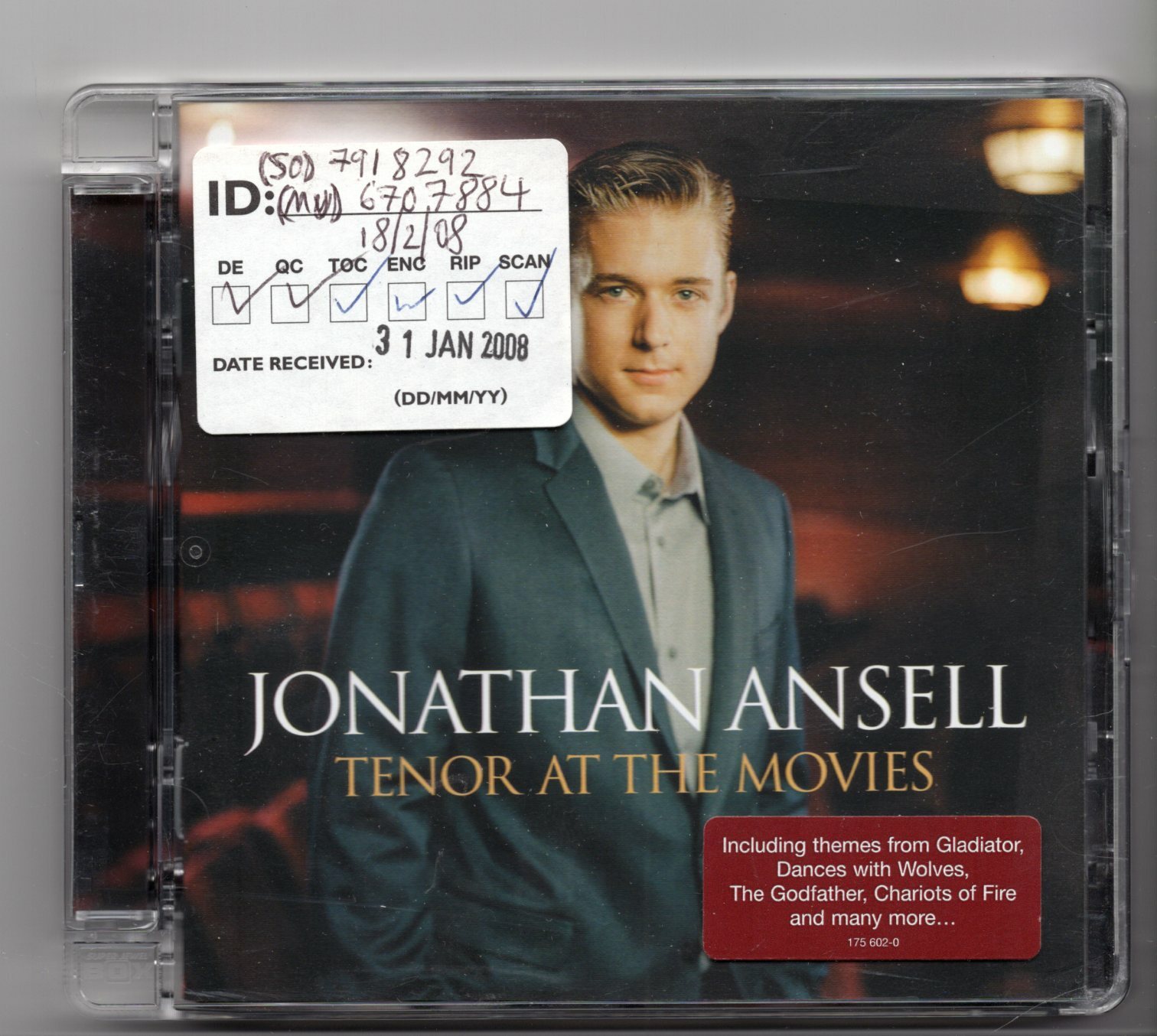 (JG327) Jonathan Ansell, Tenor At The Movies - 2008 CD