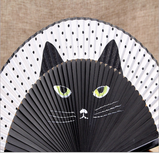 Vintage Japanese Silk Hand Fan Cartoon Cat Painted Folding Fan Craft ...