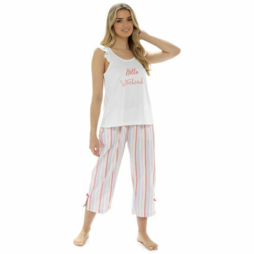 NEW Ladies Cotton Rich 'Hello Weekend' Foxbury Pyjama Set Nightwear/Loungewear - Picture 1 of 1
