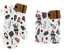 Kitchen Oven Mitt Pot Holder Cotton 2pc Set Multicolored BBQ Theme NWT
