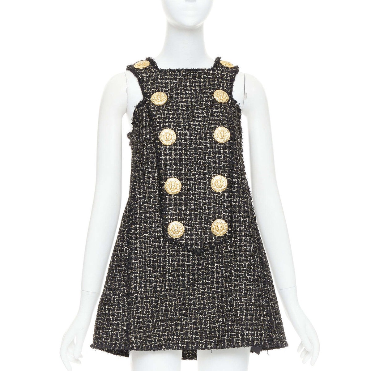 BALMAIN black gold Lion Heart metallic tweed Aline swing