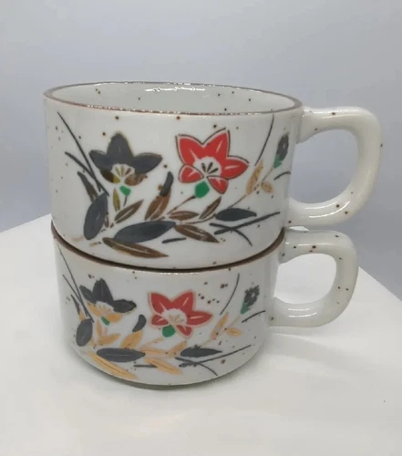 Vtg OTAGIRI Japan Soup Cereal Speckled Stoneware Mugs Flowers w/Gold Leaves 14oz