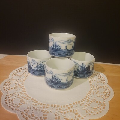 Vintage Clipper Ship Hexagon Shaped Ceramic Tea Cups Blue & White Set of 4