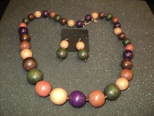 Wooden Bead Necklace 26" Long and Pierced Wire Dangle Earrings Set NEW