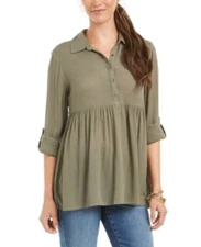 Style & Co. Women's Roll-Tab-Sleeve Oversized Tunic Shirt, Olive Green, Small S