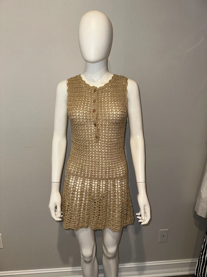 VESTIDO DE ENCUBRIMIENTO BOHO DELANTERO $450 MELISSA ODABASH "ROSIE" DORADO CROCHET BOTÓN S Foto 3 de 4