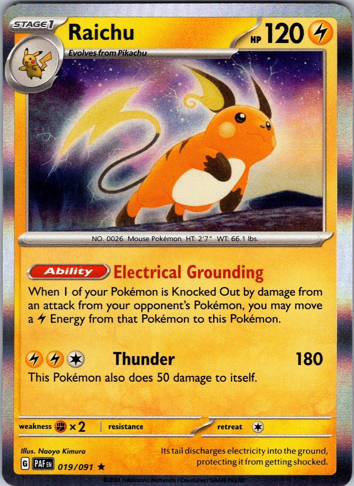 Pokemon TCG Raichu Scarlet & Violet Paldean Fates 019/091 Holo Rare Card NM